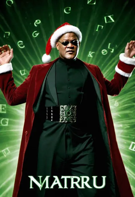 Laurence Fishburne as Morpheus from The Matrix Movie, dressed as Santa Claus with Red hat, falling green matrix letters in the background