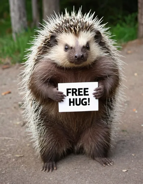 A porcupine holding a sign that says "Free hug".