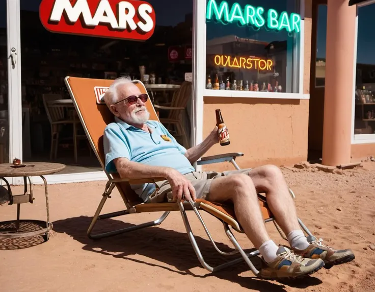 A old retiree drinking beer sitting on a outdoor chaise lounge chair on Mars, out side a store with Neon Sign that says "MARS BAR"