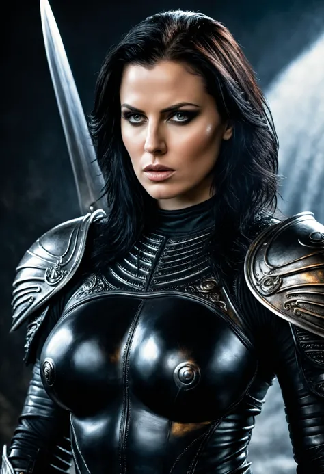 (8K, masterpiece, award winning photo:1.3), (ultra highres, absurdres, ultradetailed, sharp focus, realistic colors:1.2), (hyperdetailed photo of a busty female fighter with black armor, pale skin), style of Boris Vallejo and H R Giger, (perfect lighting, ...