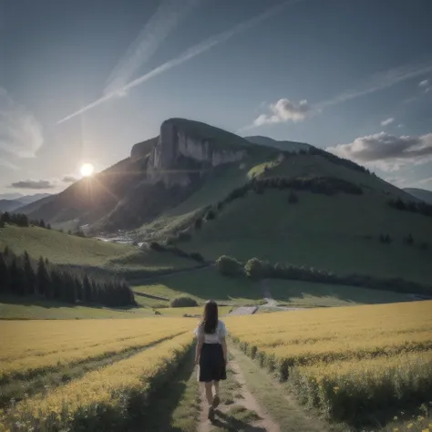 spring field,valley,cloud,woman,front view,eclipse,, photorealistic, extreme details, strong light