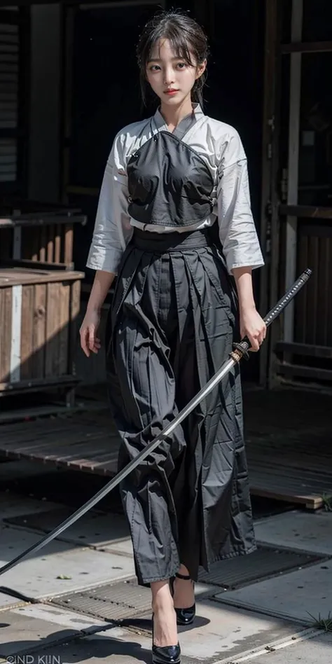 arafed woman in a black dress with a sword and a white shirt