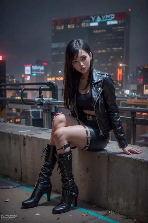 (masterpiece), best quality, ultra high res, cyberpunk style, 1girl,(black leather jacket and biker boots),long hair, night city, sitting on a rooftop,(neon lights), photon mapping, radiosity, physically-based rendering, cinematic lighting, intricate, High...