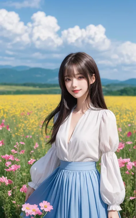 a woman standing in a field of flowers wearing a blue skirt