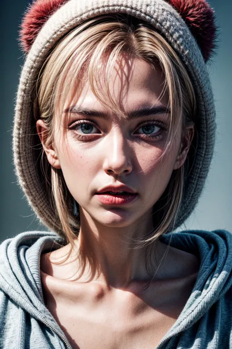 gritty, Collage, Fuzzy hooded sweatshirt, joggers, Enchantress, Average Height, Slim, Heart-Shaped Face, Olive Skin, Blonde Hair, silver Eyes, Straight Nose, Full Lips, Round Chin, Shoulder-Length Hair, Wavy Hair, French Roll, asymmetrical breasts, Drop ea...