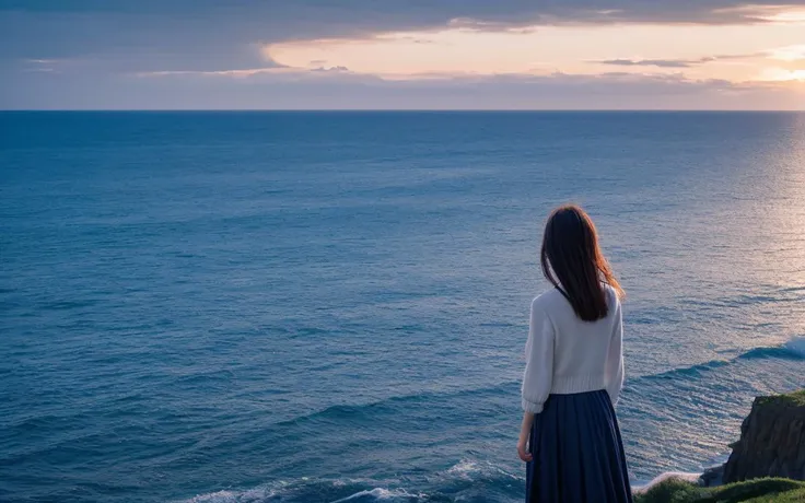 arafed woman standing on a cliff overlooking the ocean