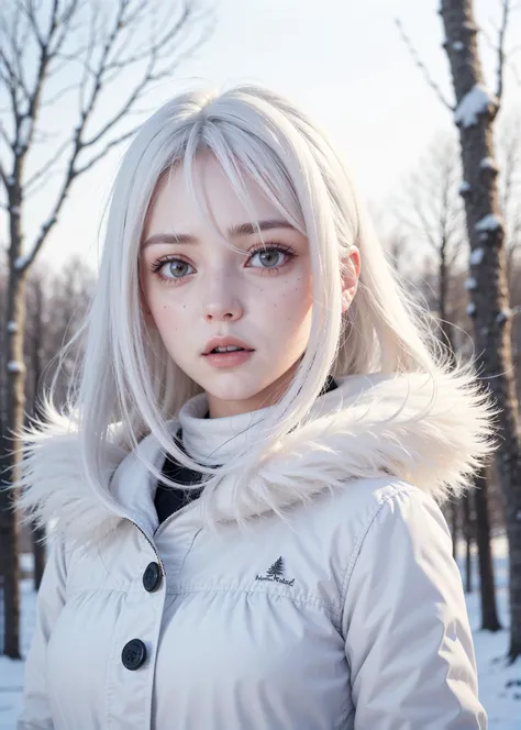 best quality, masterpiece, White hair,detailed, red eyes, windy, floating hair, snowy, upper body, detailed face, winter, trees, sunshine