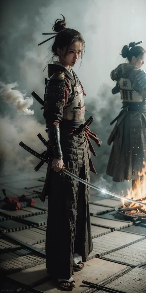 Samurai, holding katana, katana,
armor,solo,japanese armor,samurai,smoke,1girl, shoulder armor,
standing, black gloves,  full body, outdoor, smoke, fire, storm, war field, 
<lora:Samurai_20240302035502:0.8>, <lora:katana-000010:0.8>