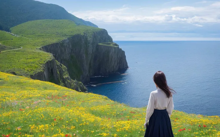 arafed woman standing on a hill overlooking a beautiful ocean