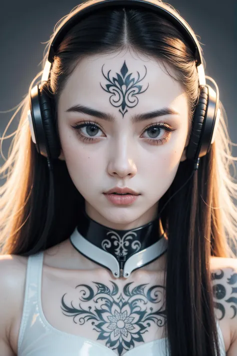 masterpiece, extremely detailed, intricate, hyper detailed, perfect face, RAW, analog style, head portrait, gorgeous Taiwanese women, small breasts, long straight hair, wearing a white latex top, wireless headphones, tattoo, diagonal from front view, looki...