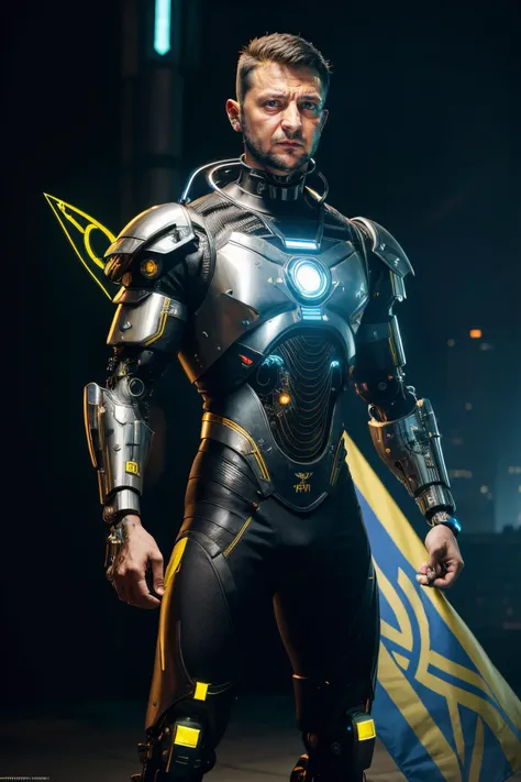 a man (wearing futuristic cyborg armor:1.4), (ukraine flag trident:1.4) on armor, in (cyberpunk:1.1) 2077 style, Zelenskyy <lora:Zelenskyy2:0.2>