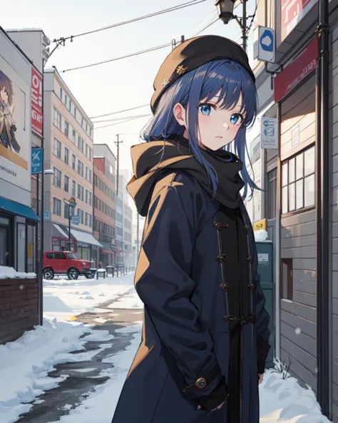 masterpiece, best quality, blue hair, long hair, magical girl, hair ornament, long blue winter coat, winter hat, scarf, cowboy shot, outside, day, street, winter, snow, medium shot, upper body, <lora:nanami_yachiyo:0.8>