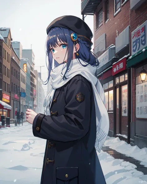 masterpiece, best quality, blue hair, long hair, magical girl, hair ornament, long blue winter coat, winter hat, scarf, cowboy shot, outside, day, street, winter, snow, medium shot, upper body, <lora:nanami_yachiyo:0.8>