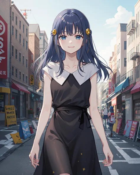 masterpiece, best quality, blue hair, long hair, magical girl, hair ornament, long black dress, sleeveless, cowboy shot, light smile, walking, outside, day, street, medium shot, upper body, <lora:nanami_yachiyo:0.8>