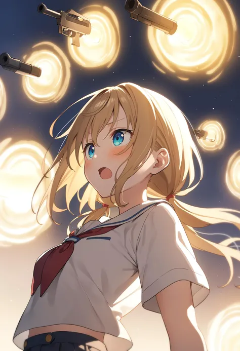 anime girl with blonde hair and blue eyes looking up at a sky full of stars