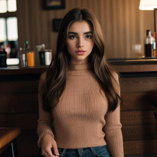 Ell4JoTI,(cable knit sweater,bar, bar stool:1.2),reaching,style by Dan Winters,RAW photography,film grain,photo taken with a Bolex H16,RAW,color graded portra 400 film,remarkable color,realistic dull skin noise,analog style,highest quality,skin pores,sharp...