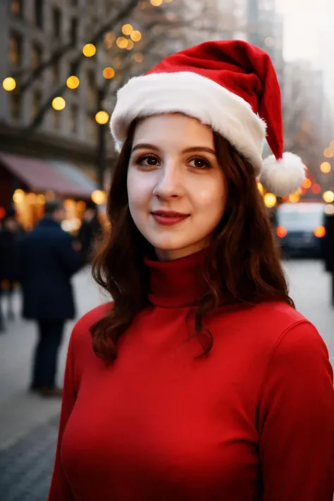 a stunning intricate full color portrait of a beautiful pale woman, red turtleneck, santa hat, on a lively avenue, having fun, bounced lighting, dreamy haze, detailed skin, skin blemish, sharp focus, shot on HOLGA 120n, Lomochrome color film <lora:MelissaM...