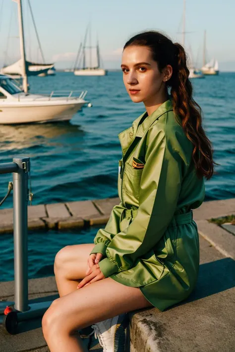 A stunning intricate full color portrait of  a pale woman,wearing a Utility jumpsuit with sneakers, Marina with sailboats, epic character composition,by ilya kuvshinov, alessio albi, nina masic,sharp focus, golden hour, subsurface scattering, f2, f2, 35mm,...