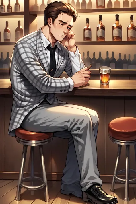 score_9, score_8_up, score_7_up, score_6_up, source_anime, BREAK male focus  <lora:benny-fnv-richy-v1_pdxl:1> benny, brown hair, short hair, checkered suit, black necktie, grey pants, tired, sitting, bar, stool, counter, whiskey, shotglass