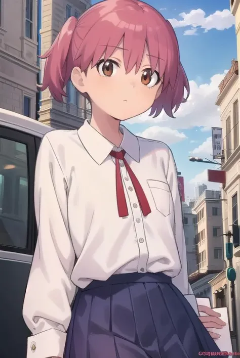 natsumihinata, <lora:natsumi hinata movie-lora-nochekaiser:1>,
natsumi hinata, short hair, twintails, pink hair, (brown eyes:1.5),
BREAK shirt, long sleeves, white shirt, collared shirt, ribbon, red ribbon, skirt, grey skirt,
BREAK outdoors, city, sky, clo...