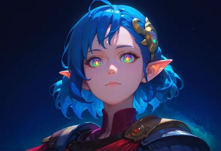 score_9, score_8_up, score_7_up, score_6_up,
star ocean, 1girl, rena lanford, ahoge, armor, [blue:opal:0.5] eyes, blue hair, cape, hair ornament, pleated skirt, pointy ears, short hair, beautiful detailed eyes,
from below, upper body, (close-up:1.2), space...