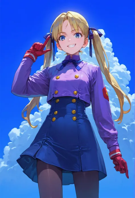 score_9, score_8_up, score_7_up, score_6_up,
yurihiro kajimoto, 1990s (style), 1girl, welch, cloudy sky, pointing, smile,
;p, 1girl, black legwear, blonde hair, gloves, hair ribbon, long hair, long sleeves, military uniform, pantyhose, purple shirt, ribbon...