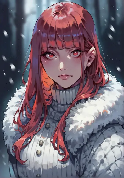 score_9,score_8_up,score_7_up,score_6_up,score_5_up,score_4_up ,witchyaesthetic,realistic,blurry background,witchyset34 bridge, puzzled, red eyes, red hair, winter dress, blunt bangs, eyeliner, dark skin, <lora:yukihiro_kajimoto_so2r_pony:0.8> yukihiro_kaj...