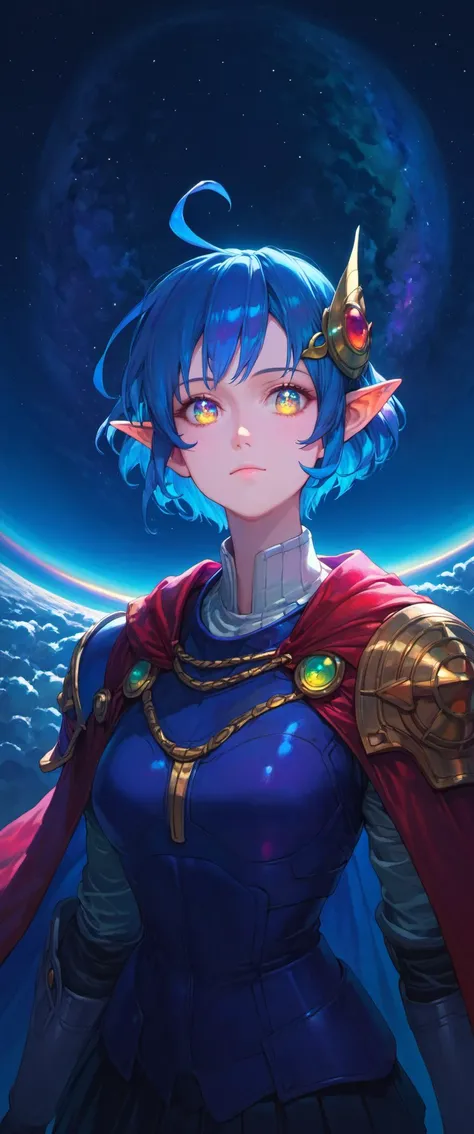 score_9, score_8_up, score_7_up, score_6_up,
star ocean, 1girl, rena lanford, ahoge, armor, [blue:opal:0.5] eyes, blue hair, cape, hair ornament, pleated skirt, pointy ears, short hair, beautiful detailed eyes,
from above, upper body, (close-up:1.2), space...