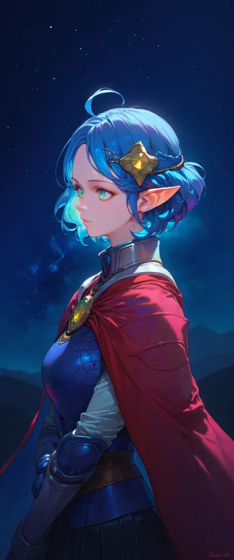 score_9, score_8_up, score_7_up, score_6_up,
star ocean, 1girl, rena lanford, ahoge, armor, [blue:opal:0.5] eyes, blue hair, cape, hair ornament, pleated skirt, pointy ears, short hair, beautiful detailed eyes,
from side, upper body, (close-up:1.2), space,...