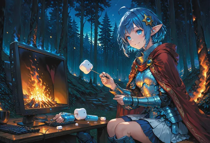 anime girl sitting in front of a computer with marshmallows