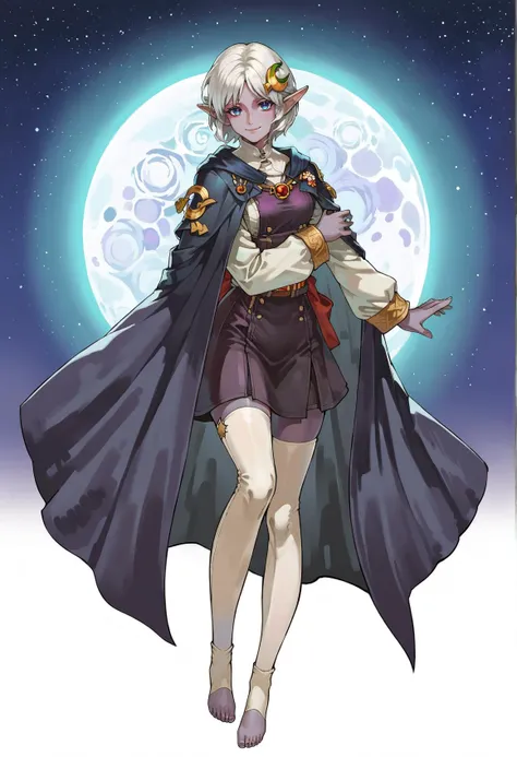 a woman in a cape and a caped outfit is walking in front of a full moon