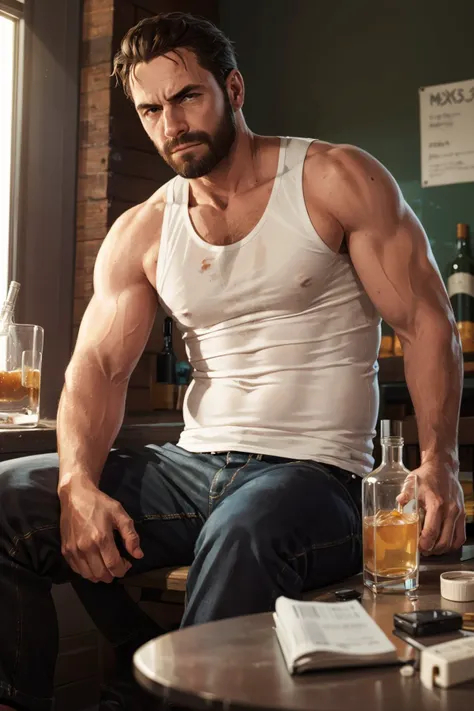 <lora:max_payne-10:0.6>, maxMP3_soul3142, facial hair,  tank top, beard, sitting, alcohol,