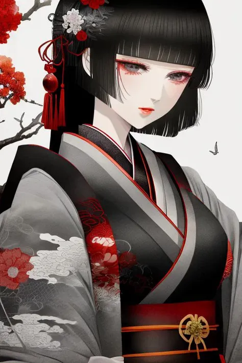 1girl,black hair,(((grey_eyes))),anime,kimono, masterpiece,best_quality,white background,  <lora:Kei_Satsuki-000010:1>