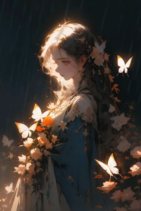 a woman with butterflies in her hair and a blue dress