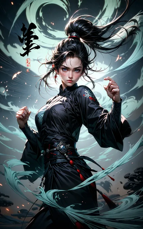 martial, 1girl, solo, simple background,
ustration style, Chinese martial arts war scenes, chinese ink style, martial arts style,
(medium breasts:1.3), long sleeves, chinese clothes, (glowing:1.4), splashing, fighting stance,,
Chinese calligraphy, ink pain...