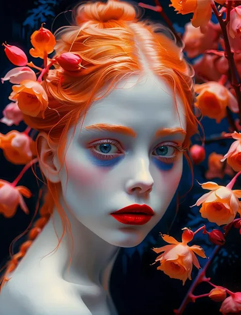 a close up of a woman with red hair and flowers in her hair