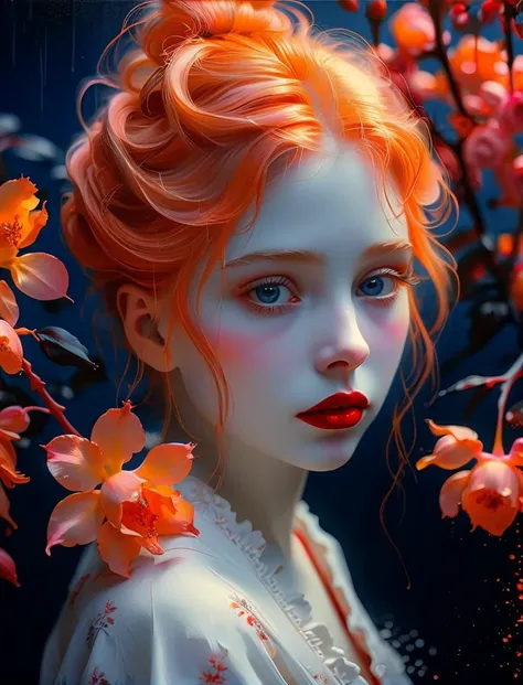 a woman with red hair and blue eyes is surrounded by flowers