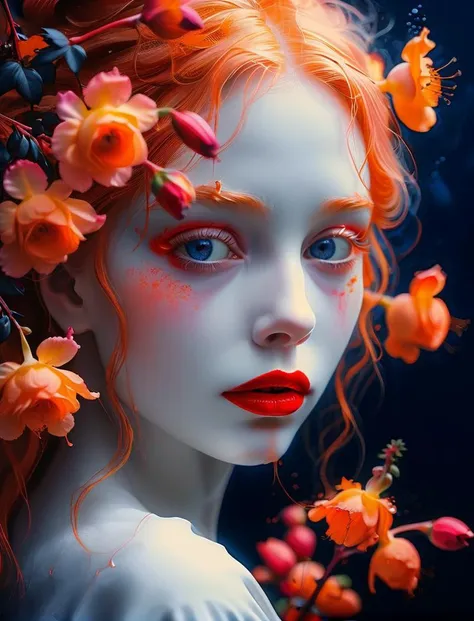 a woman with red hair and flowers in her hair