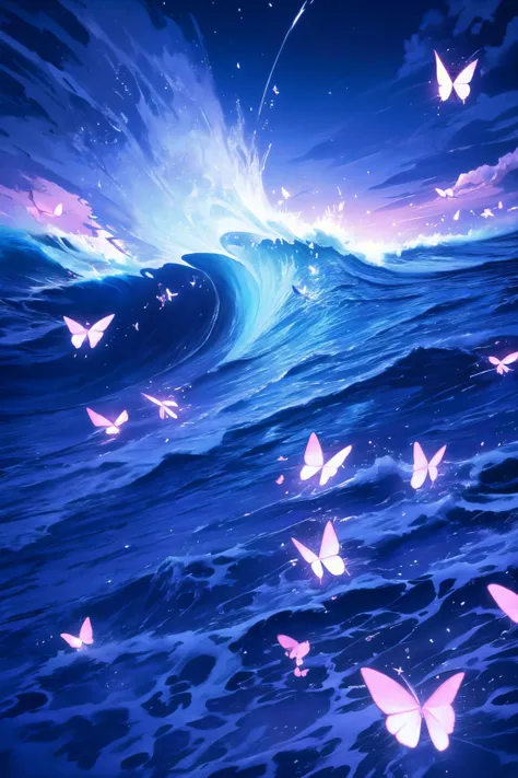 butterflies flying over a wave in the ocean at night