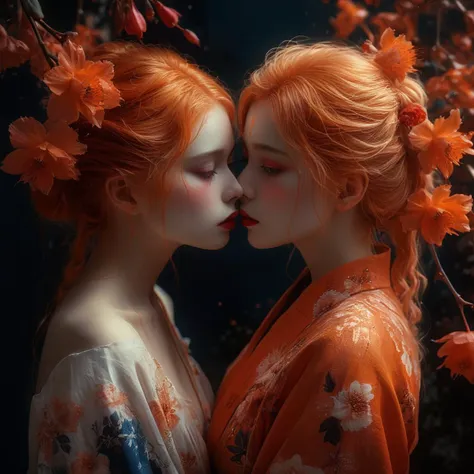 two women with red hair and orange hair are kissing each other