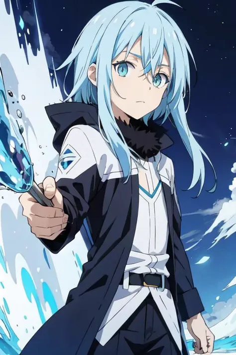 a woman with blue hair holding a sword in front of a wave