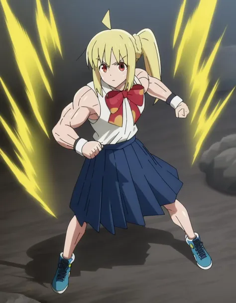 supersaiyanaura,(yellow aura:1.5),(aura around body:1.5),(energy around body:1.1), (full body:1.5),fighting stance, rocky area, masterpiece, looking at viewer, (muscle, strong:1.9),(illustration:0.5),(anime colored:0.7),(btr-nijika,red eyes:1.2), 1girl, bl...