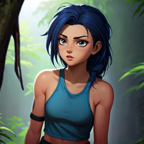 close up,anime, black skin girl, dark skin, African, solo, (dark skin:1.2), (black girl:1.2), survivalist, army fatigues, blue shirt and blue long jeans, brown eyes,  jungle, trees, forest, vines, worried expression, walking, black hair, ponytail, earrings...