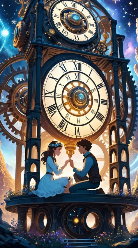 In an otherworldly landscape, lovers, decorated with constellations, surrounded by gears and gears, spend a moment under a colossal time machine in the shape of a cosmic pendulum.