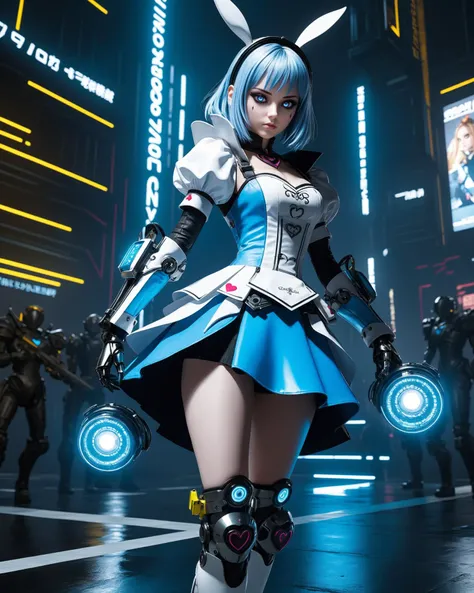 full body shot of Alice, the main character from Alice in Wonderland, is mysterious.  in the world of cyberpunk, like an android with mechanical arms and legs, with a face created in the image and likeness of Alice from Wonderland. Her mechanical limbs hav...