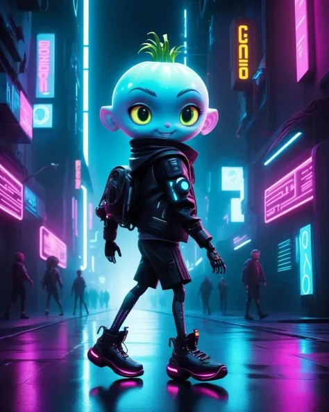 cyberpunk style, cyberpunk style, 3d character, pixar rendering, cyberpunk style, Cipollino is a character from the book The Adventures of Cipollino by Gianni Rodari. (((a boy with an onion head))),  In the world of cyberpunk, always smiling broadly, runni...