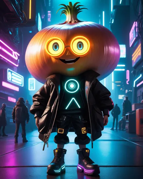 cyberpunk style, cyberpunk style, 3d character, pixar rendering, cyberpunk style, Cipollino is a character from the book The Adventures of Cipollino by Gianni Rodari. (((a boy with a huge onion head))),  In the world of cyberpunk, always smiling broadly, w...