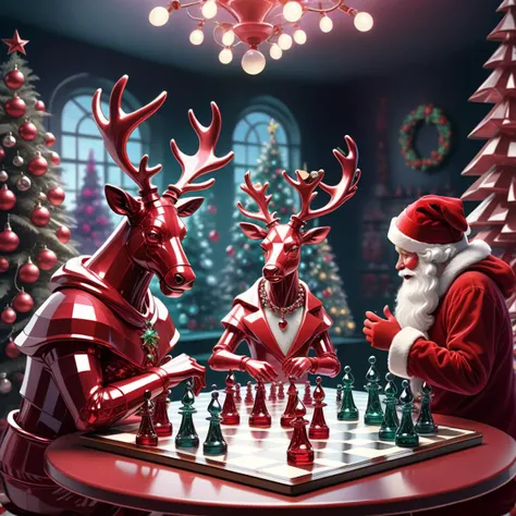 scarlem Christmas red reindeer plays chess with Santa Claus, wearing Christmas hats, Christmas trees and decorations in the background <lora:scarlem:0.8>