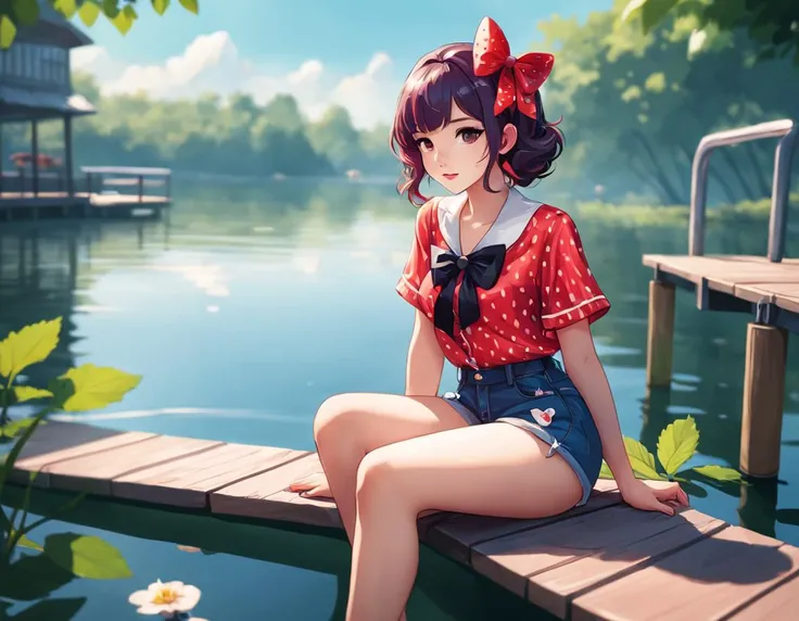 a beautiful woman wearing a bow in her hair, summer shorts and a cute strawberry themed shirt, sitting on a small dock dangling her legs into a pond on a sunny summer day, intricate, elegant, full frontal shot, highly detailed, digital painting, artstation...