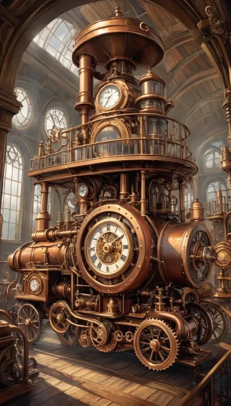 there is a steam engine with a clock on it in a building